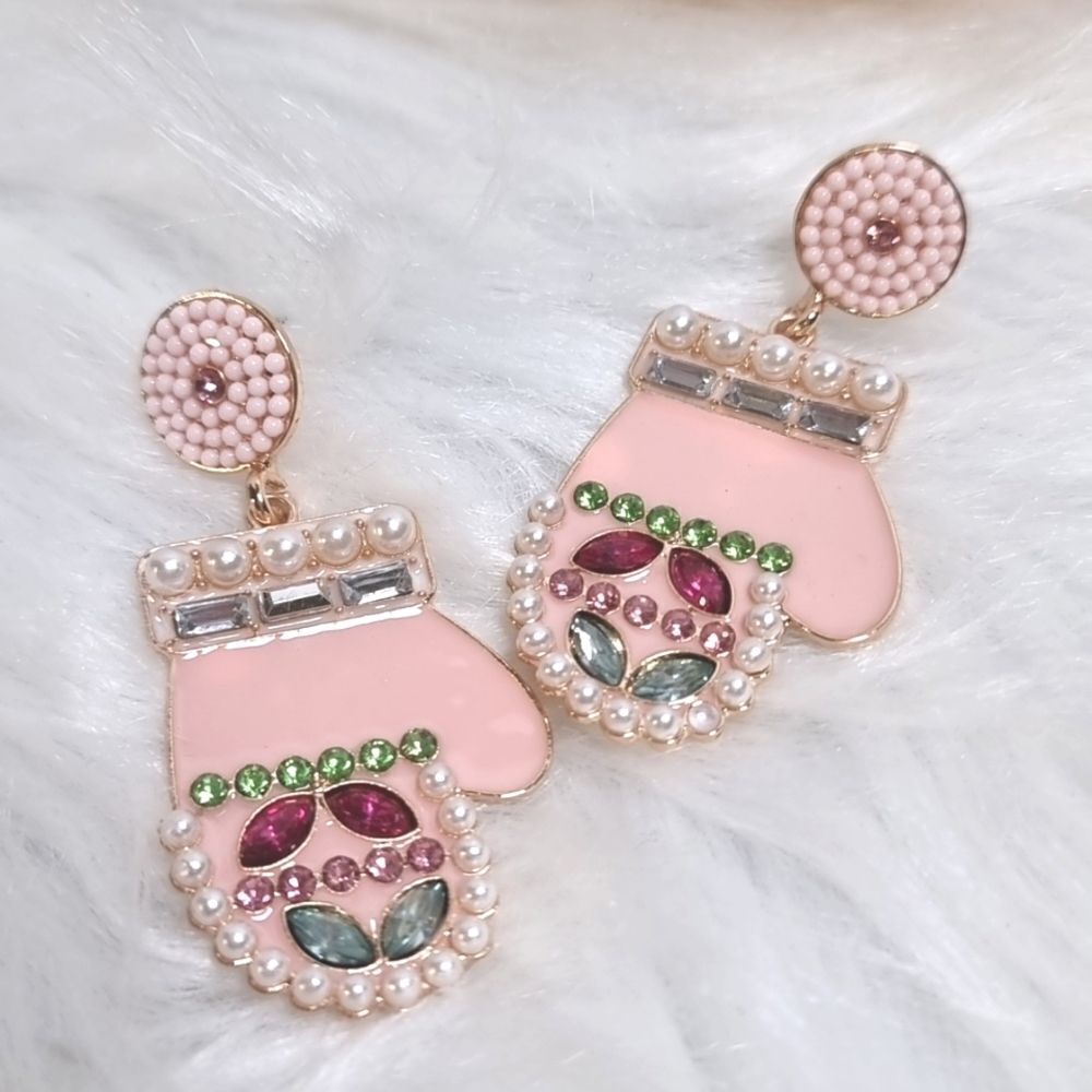 PINK MITTEN CHRISTMAS EARRINGS pearl rhinestone cb5